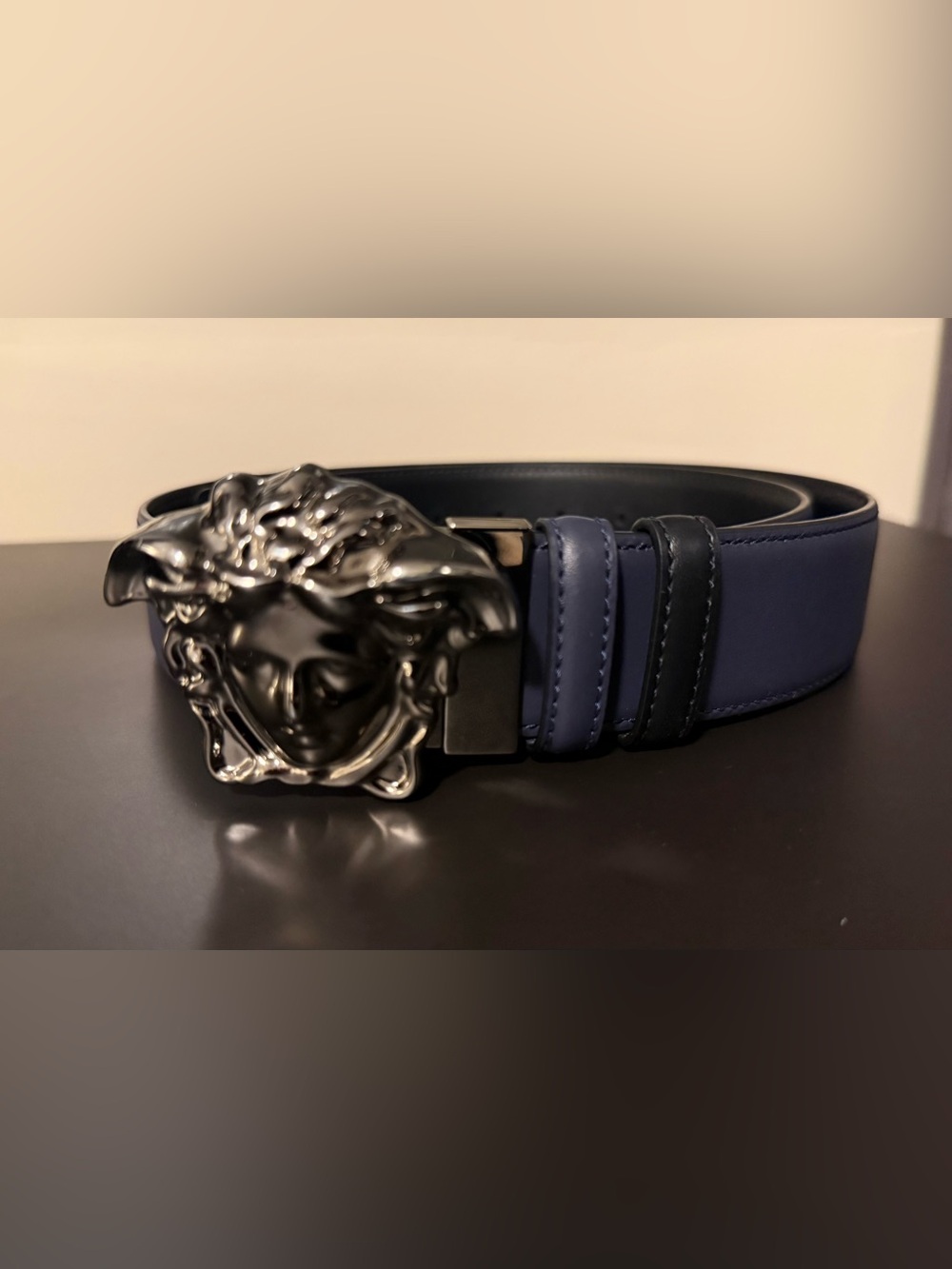 Authentic Versace Medusa leather reversible belt - black and blue (90/36)